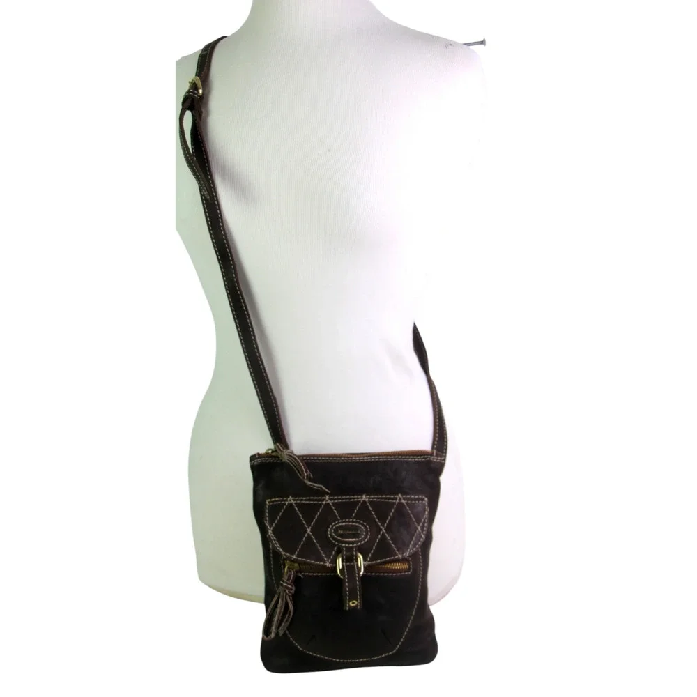 Marco Buggiani BROWN GENUINE LEATHER X-BODY ZIP TOP PURSE SHOULDER BAG HANDBAG